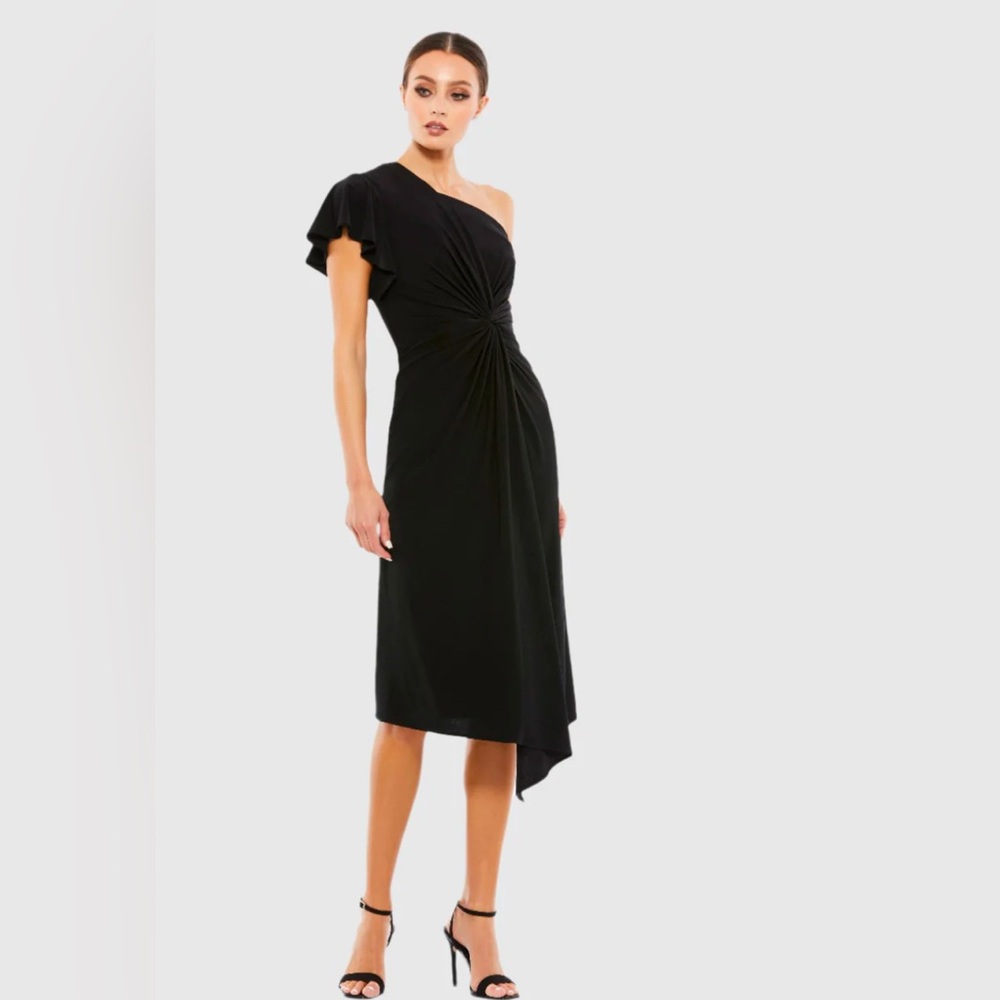 Mac Duggal Black One Shoulder Midi Dress. NWT Size 6